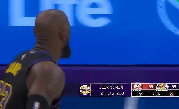 詹姆斯三分也投进，湖人下半场轰出12-1领先老鹰32分